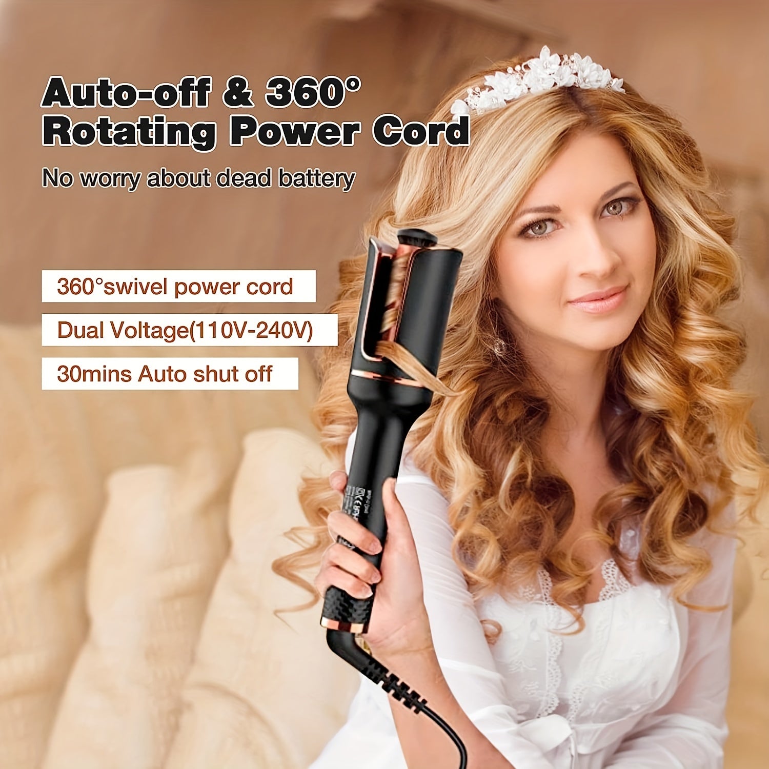 Vara de cabelo com ferro de ondulação rotativo automático - Controle de temperatura de 4 velocidades, dupla voltagem, ferro de ondulação para estilizar, preto, anexo de varinha de cabelo, ferro de ondulação para cabelo, ferro de ondulação automático