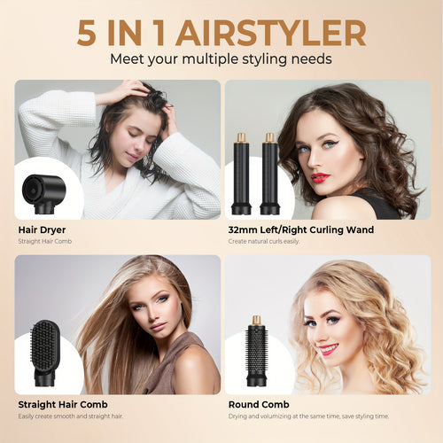 5 em 1 Auto Wrap Air Hair Styler & Dryer, Multi Estilização Escova de Ar Quente para Cabelo, Secagem Rápida Encaracolamento Volumização Alisamento, Plugue EUA